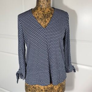 CeCe Navy and White V-Neck Patterned Tie-Sleeve Blouse